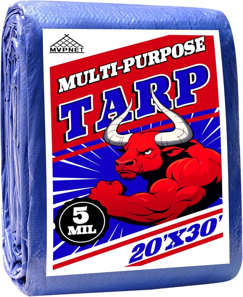 MVPNET Tarp 20x30 ft 100% Waterproof Uv Resistant High Durability Multipurpose 5mil Blue Tarp for Covering Courtyards, Cars, Camping, Gardens, Pet Nests -by - Image 1